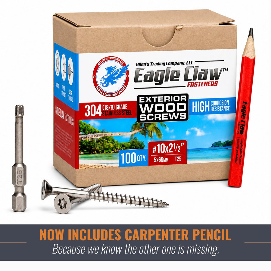 eagle claw stainless steel wood or deck screws #10 x 2.5 inches 304 grade 100 bucket for 5/4 deck boards and stair treads