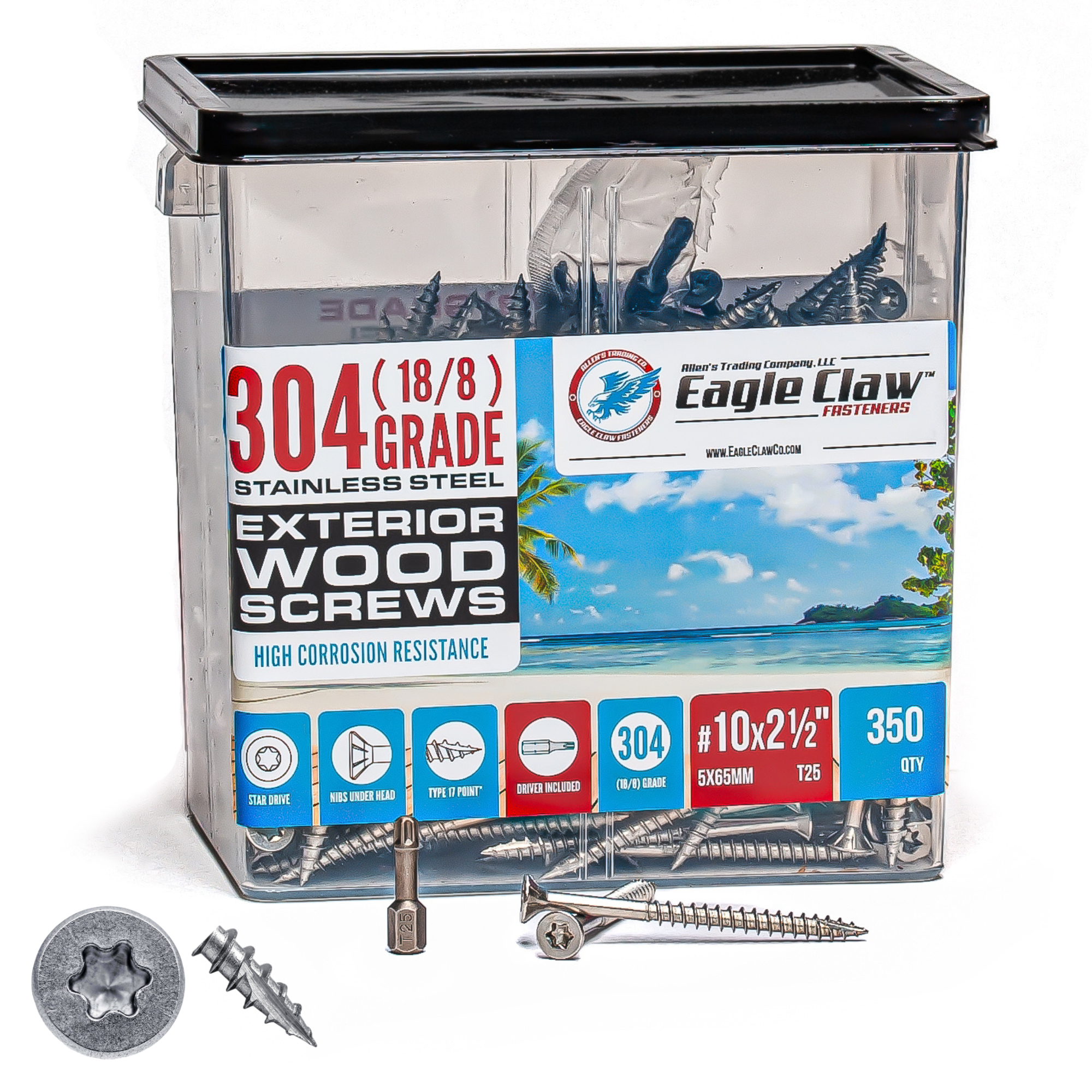 Eagle Claw Stainless Steel Deck Screws #10 x 2 1/2 Star Drive T25 Torx (Qty 350 - 4lb)