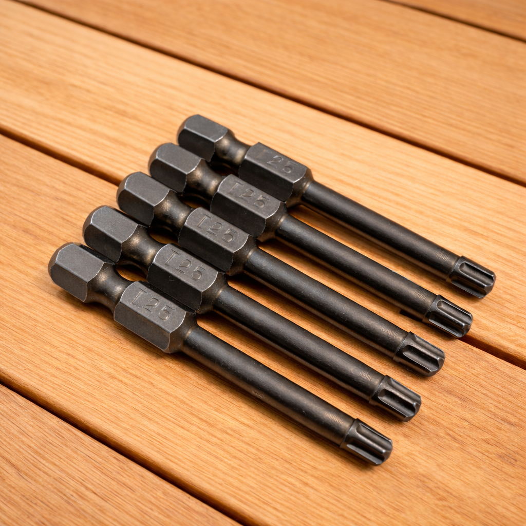 Set of 2" T25 Torx bits on a fresh deck