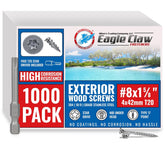 Box of 1000 #8x1.6 Eagle Claw exterior wood screws with a screw displayed in front