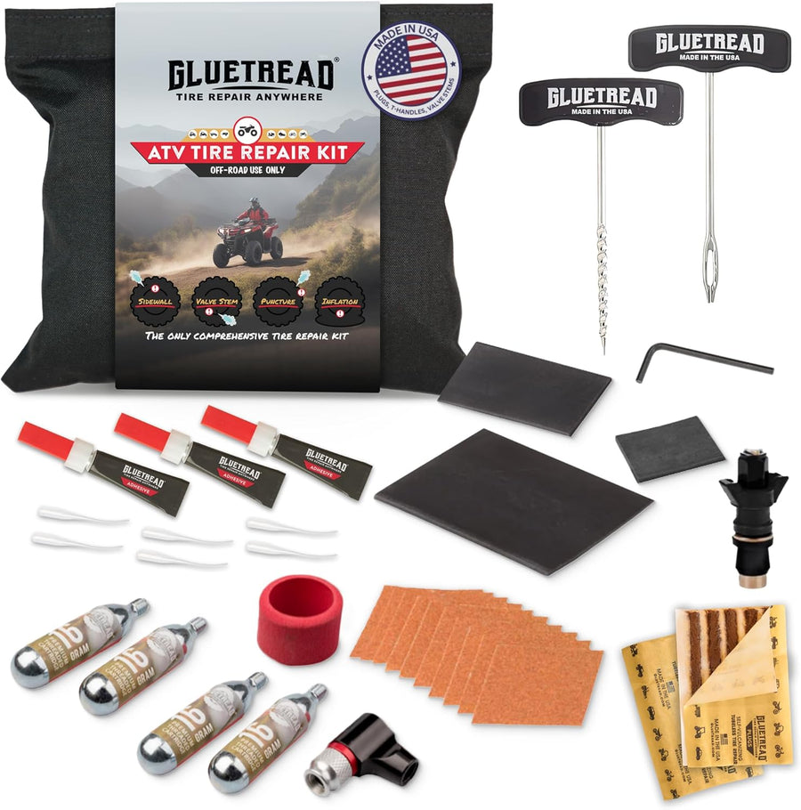 Glutread ATV tire repair kit with various components on a white background