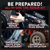 Advertisement for a tire repair kit with various repair types and a Gluetread logo.