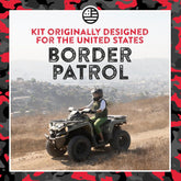 Person on an ATV with text 'Kit Originally Designed for the United States Border Patrol' on a camouflage border.
