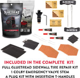 Gluetread tire repair kit with various components on a white background