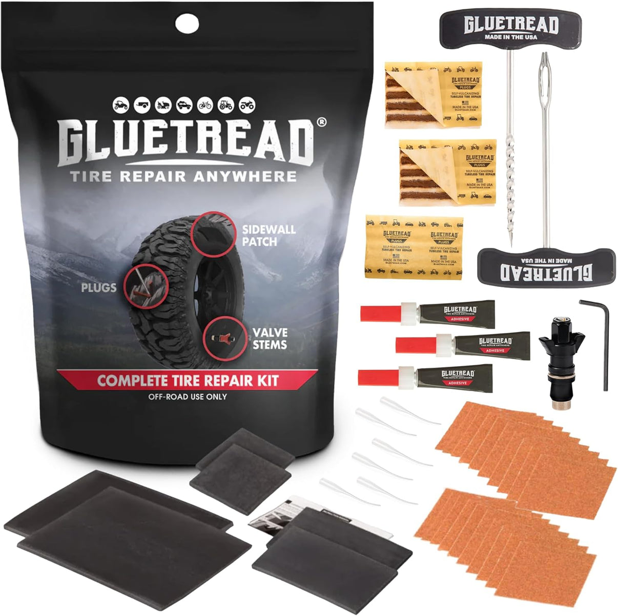 Glutread tire repair kit with various components on a white background
