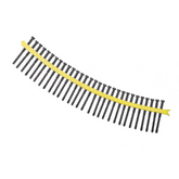 Row of gray screws with a yellow handle on a white background