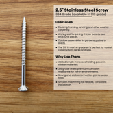 2.5 inch stainless steel screw on a wooden surface with descriptive text about its use cases and features.