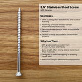 3.5 inch stainless steel screw on a wooden surface with descriptive text about its use cases and features.