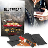 Glutread tire repair kit with tire patching tools and a person applying patches to a tire.