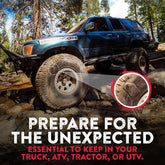 Off-road vehicle on rocky terrain with text 'Prepare for the Unexpected' and close-up of tire tread.