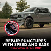Gray Ford truck on a road with a close-up of a repair tool and text about tire repair.