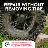 Off-road tire with repair without removing tire text and enhanced rubber formula claim.