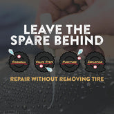 Advertisement for tire repair without removing the tire, showing a close-up of a tire with text and icons.