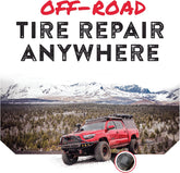 Red off-road vehicle on a mountainous landscape with 'Off-Road Tire Repair Anywhere' text.