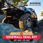 Off-road vehicle on rocky terrain with Glutread advertisement for sidewall seal kit.