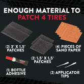 Automotive repair kit with patches, sandpaper, adhesive, and applicator tips on a black background.