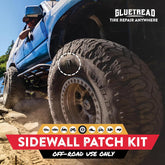 Off-road vehicle with large tire on a rocky trail, promoting a sidewall patch kit for tire repair.