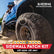 Off-road vehicle with large tire on a rocky trail, promoting a sidewall patch kit for tire repair.