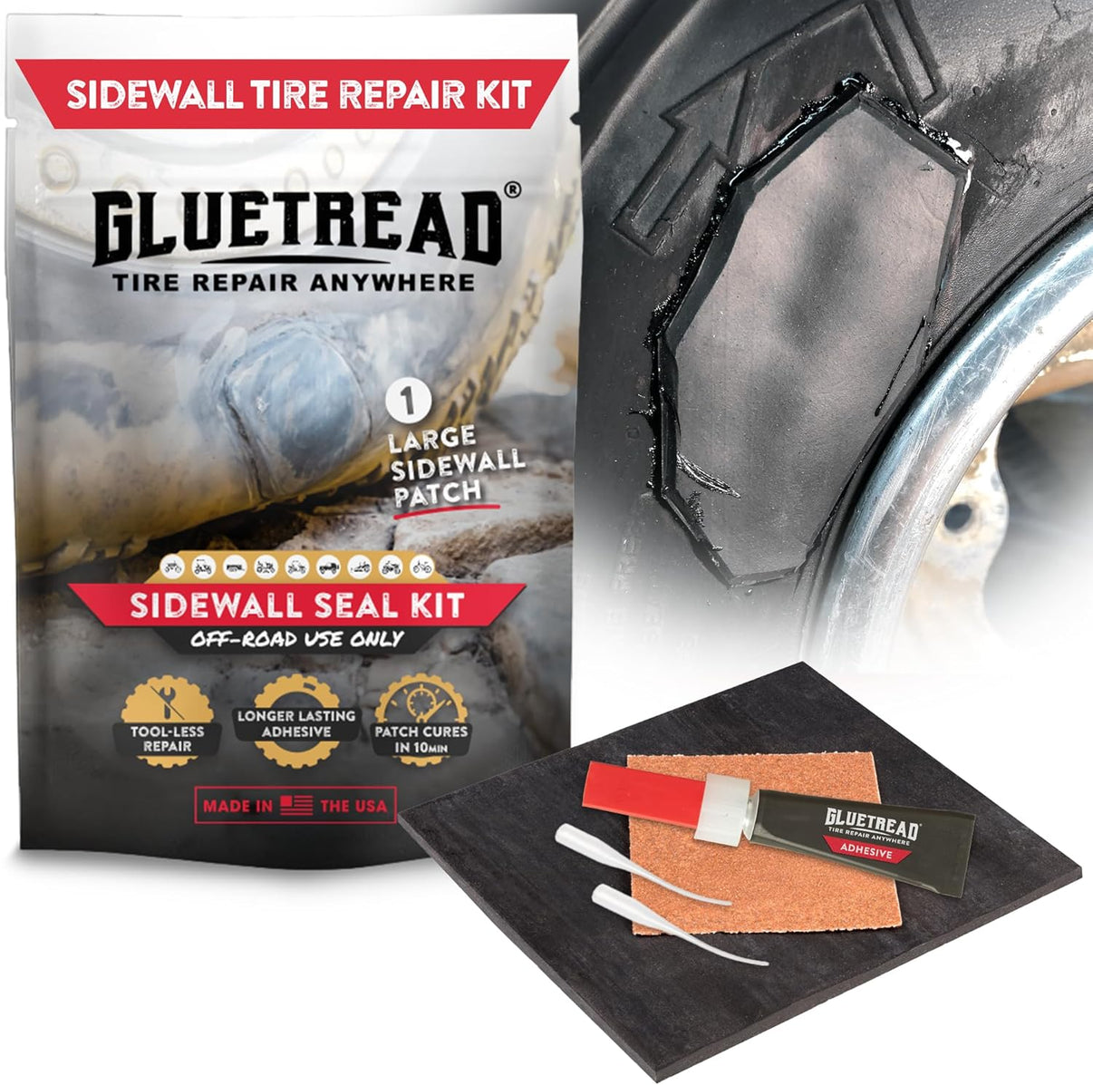 Glutread sidewall tire repair kit with tire patch and tools on a white background