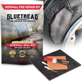 Glutread sidewall tire repair kit with tire patch and tools on a white background