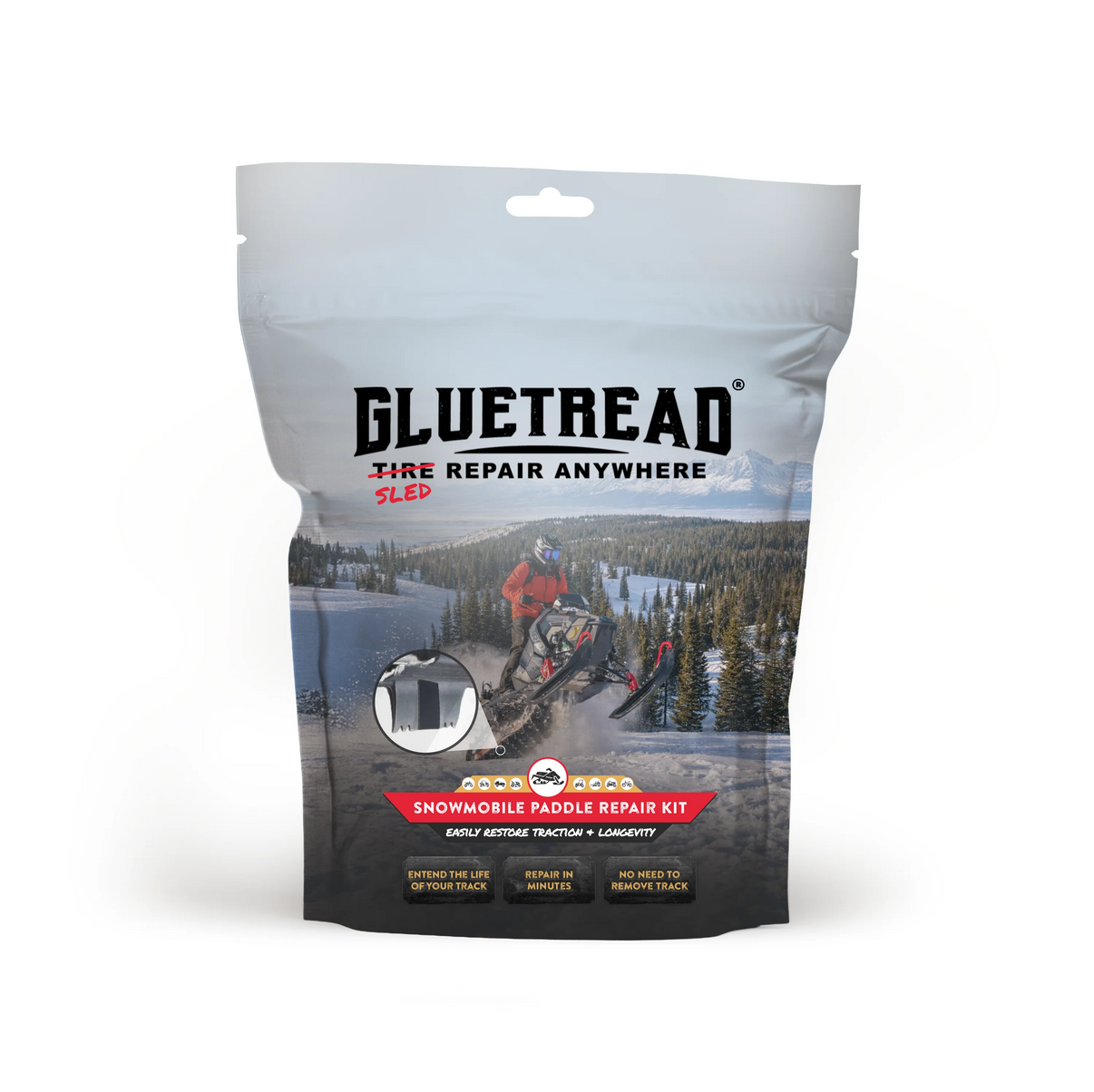 Glutread snowmobile paddle repair kit packaging on a white background