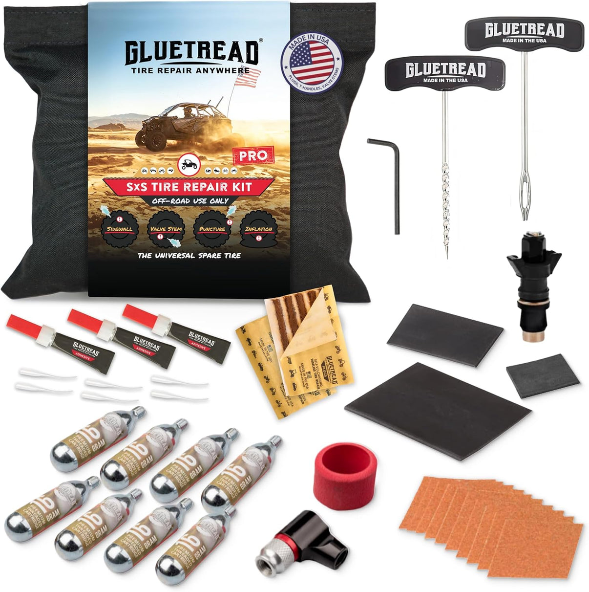 Glutread tire repair kit with various tools and materials on a white background