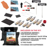 Gluetread tire repair kit with various components on a white background