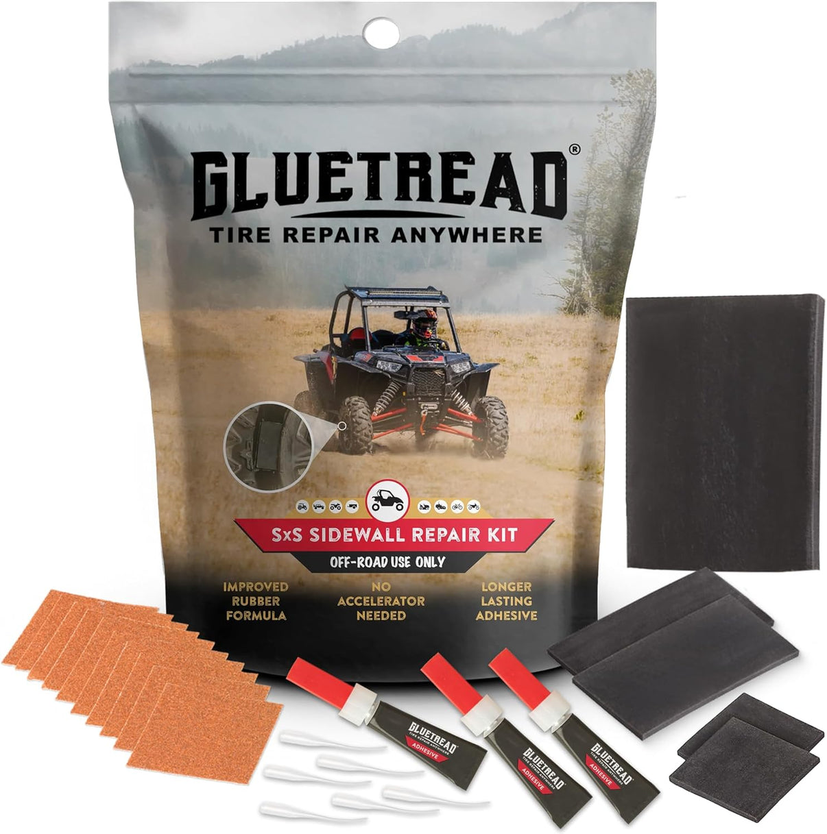 Gluetread tire repair kit with packaging, patches, and tools on a white background
