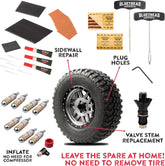 Collection of tire repair tools and supplies with a tire in the center.