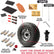 Collection of tire repair tools and supplies with a tire in the center.