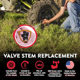 Person replacing a valve stem on an ATV with text detailing features of the product.
