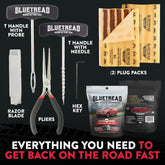 Glutetread tire repair kit with various tools and materials on a black background