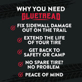 Promotional graphic for Gluetread with benefits listed on a black background