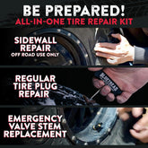 Gluetread tire repair kit with text and images of hands using tools on tires.