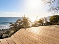 Wooden deck overlooking a scenic view of the ocean with trees and a clear sky.