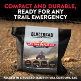 Gluetread ATV tire repair kit in a rugged Cordura bag on a dirt road background.