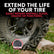 Tire with visible damage on a natural background, promoting tire repair product.