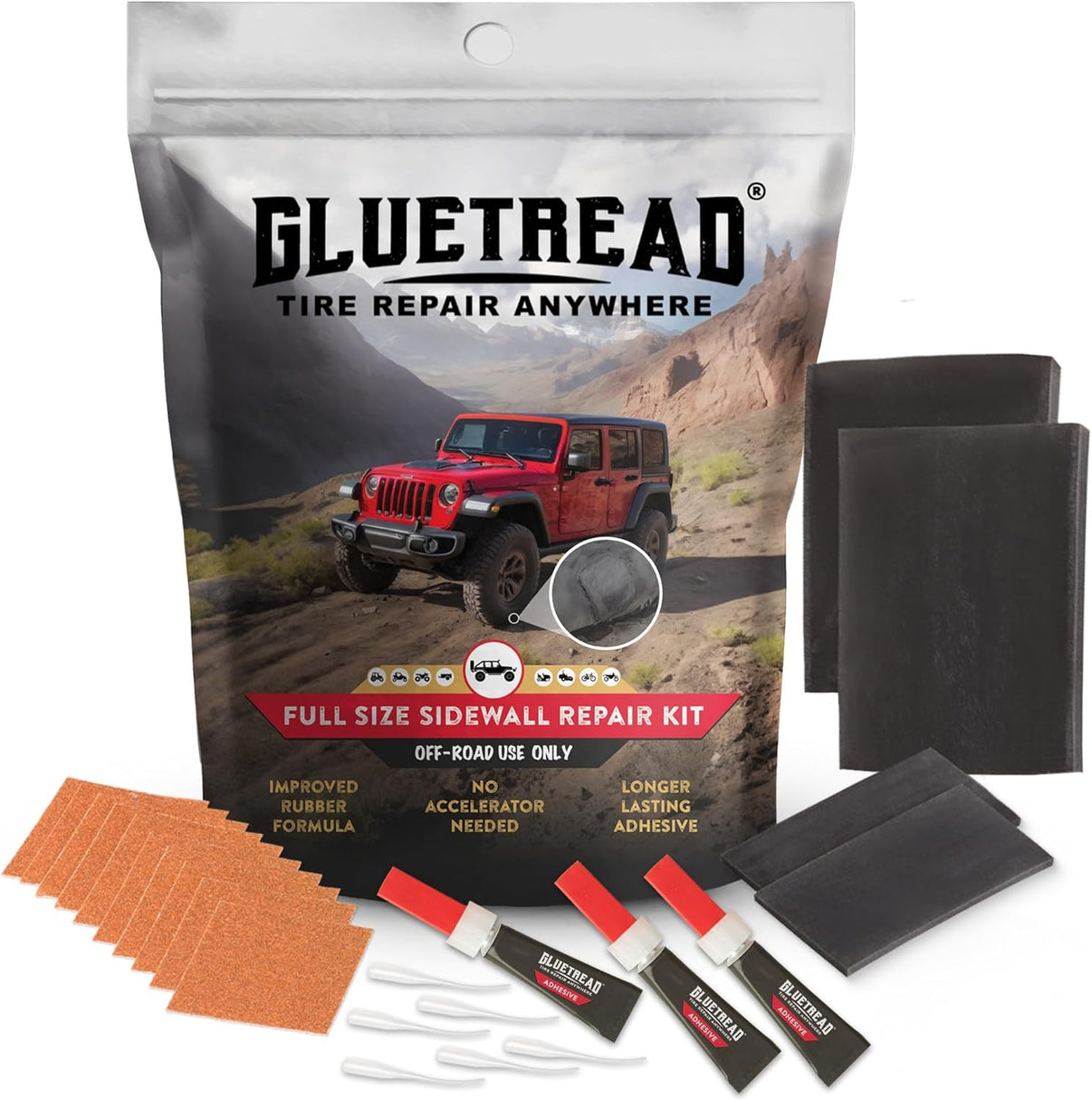 Gluetread tire repair kit with packaging and repair materials on a white background