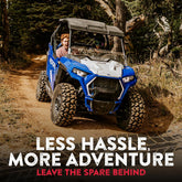 Blue Polaris RZR on a dirt road with text 'Less Hassle, More Adventure' in front.