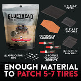 Gluetread tire repair kit packaging with components on a black background