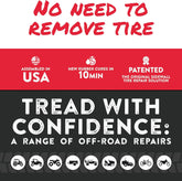 Tire repair solution with text and icons on a white background