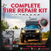 Complete tire repair kit advertisement with a truck and nature background