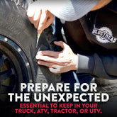 Person changing a tire with text 'Prepare for the Unexpected' and 'Essential to keep in your truck, ATV, tractor, or UTV'.