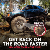 Off-road vehicle on rocky terrain with tire sidewall repair