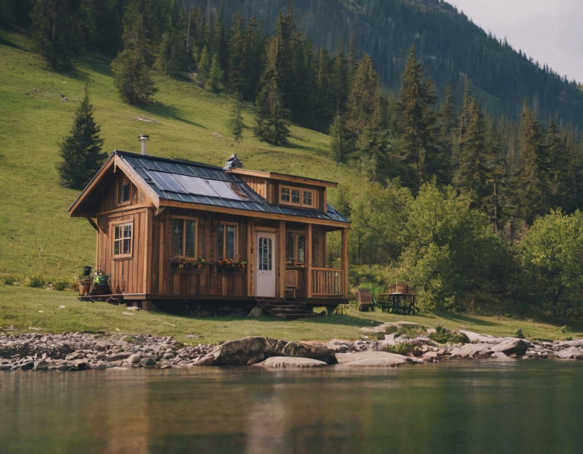 Tiny house overlooking lake on green field