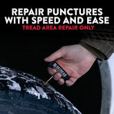 Hand holding a tire repair tool with text about repairing punctures quickly and easily.