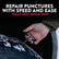 Hand holding a tire repair tool with text about repairing punctures quickly and easily.