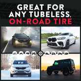 Promotional image of vehicles on roads with text about tubeless tires.