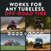 Promotional graphic for tire products used on various off-road vehicles and equipment.
